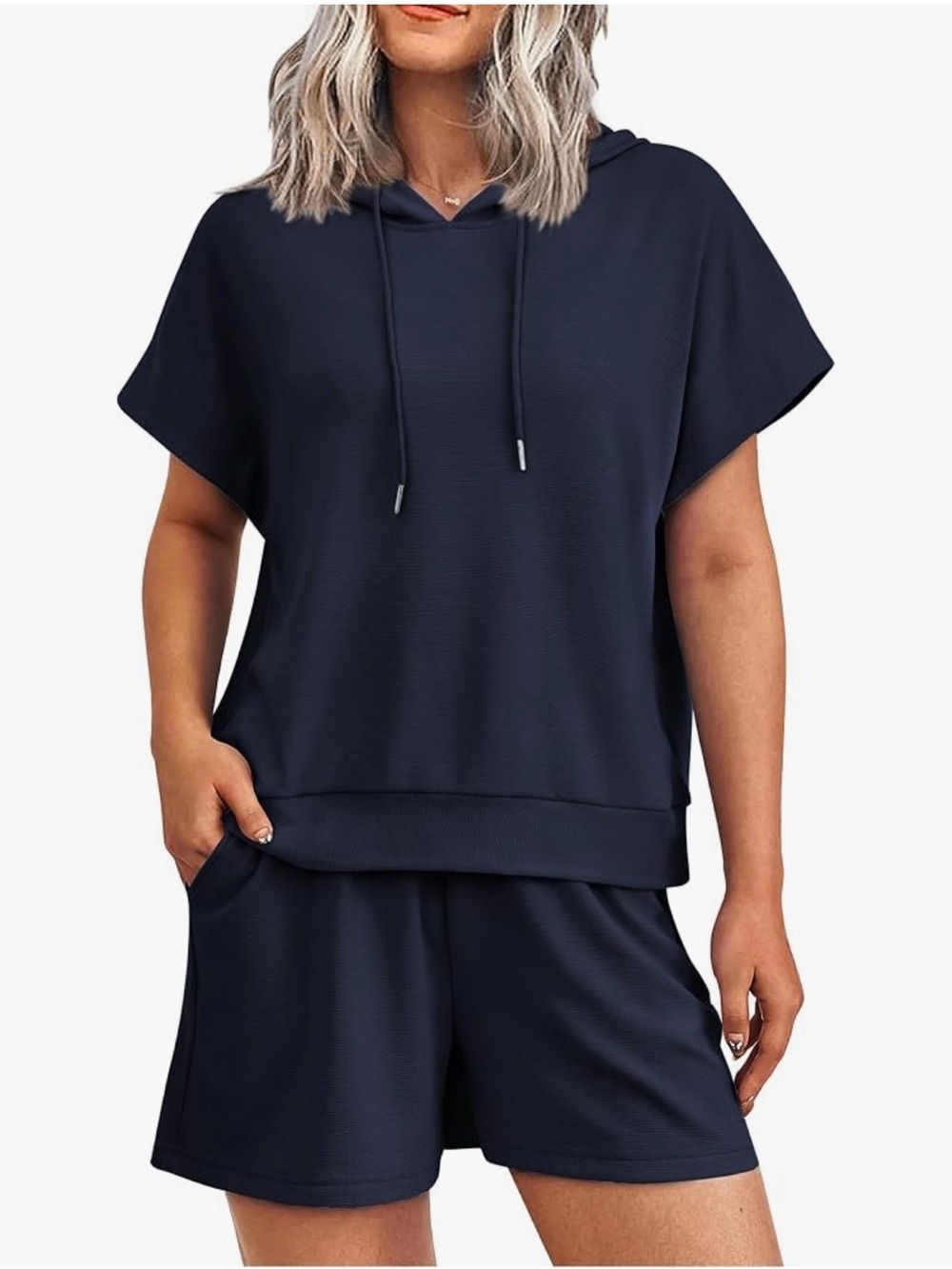Women's Navy Short Sleeve Hoodie Top and Shorts